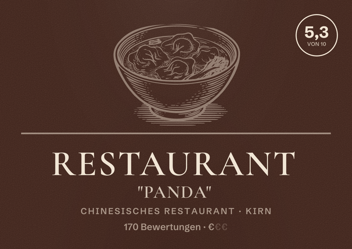 Illustriertes Poster von Restaurant "Panda", Chinesisches Restaurant in Kirn: Bewertung 5,3 von 10 aus 170 Bewertungen, Preisniveau €