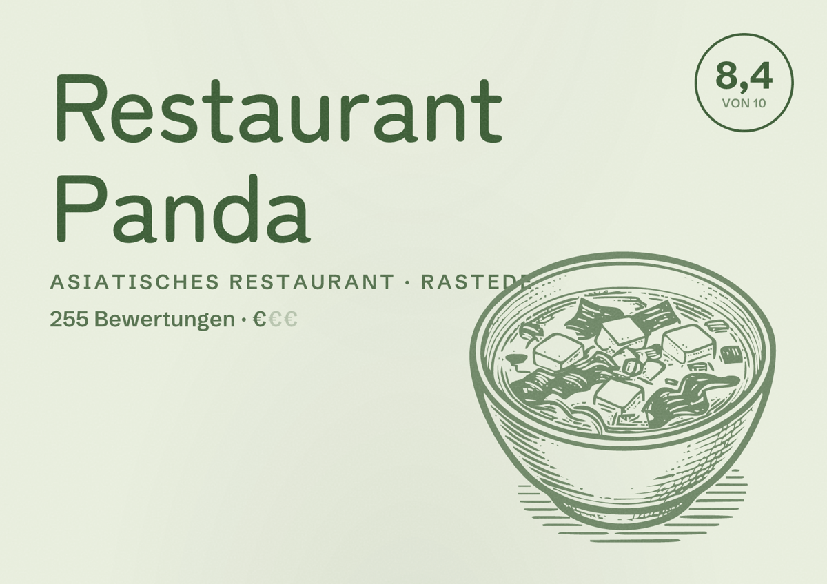 Illustriertes Poster von Restaurant Panda, Asiatisches Restaurant in Rastede: Bewertung 8,4 von 10 aus 255 Bewertungen, Preisniveau €