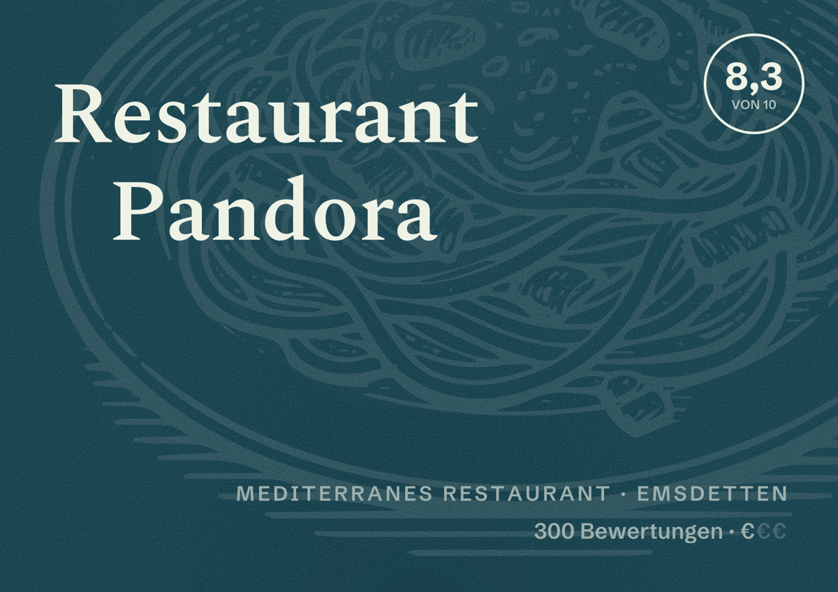 Illustriertes Poster von Restaurant Pandora, Mediterranes Restaurant in Emsdetten: Bewertung 8,3 von 10 aus 300 Bewertungen, Preisniveau €