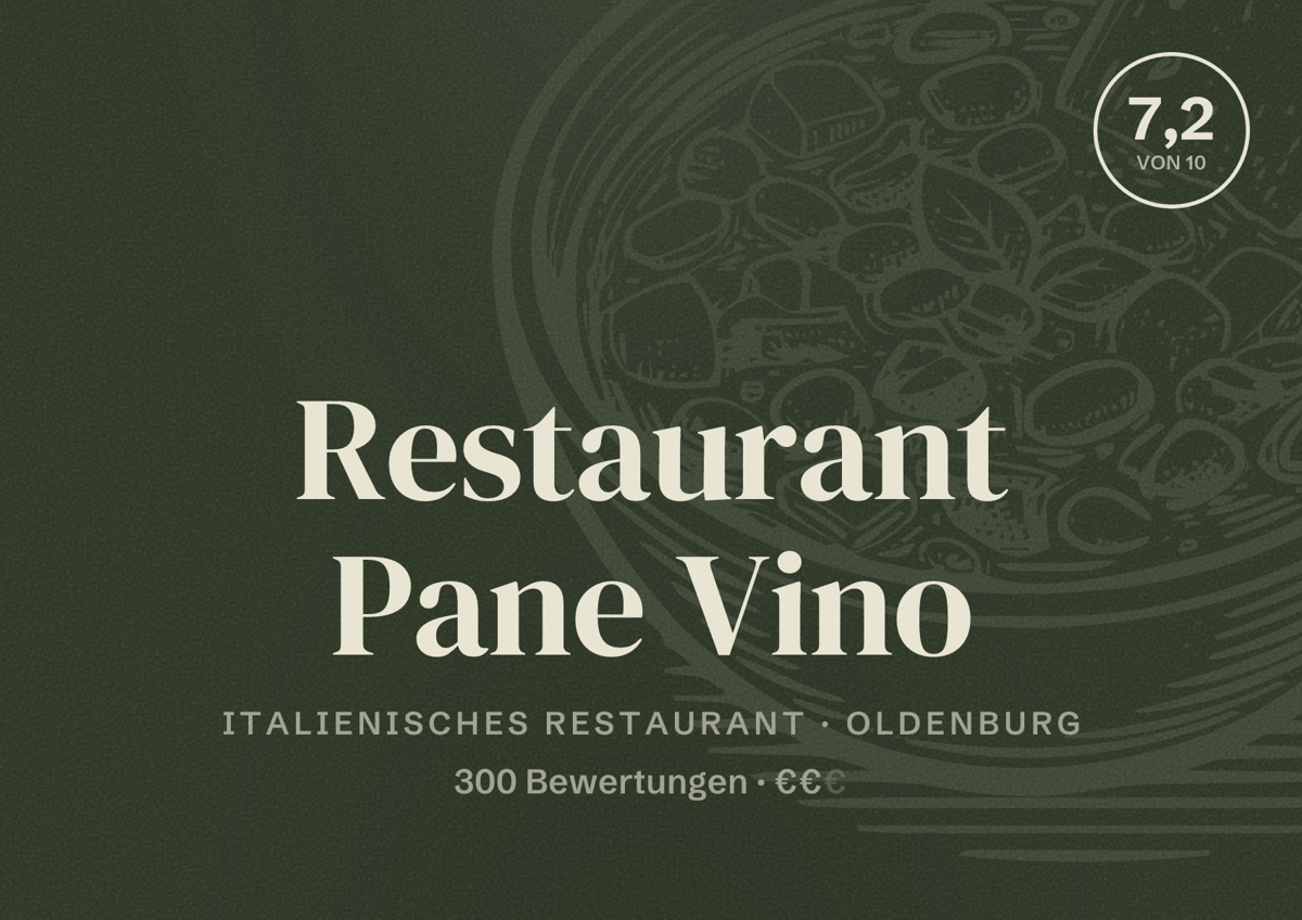 Illustriertes Poster von Restaurant Pane Vino, Italienisches Restaurant in Oldenburg: Bewertung 7,2 von 10 aus 300 Bewertungen, Preisniveau €€