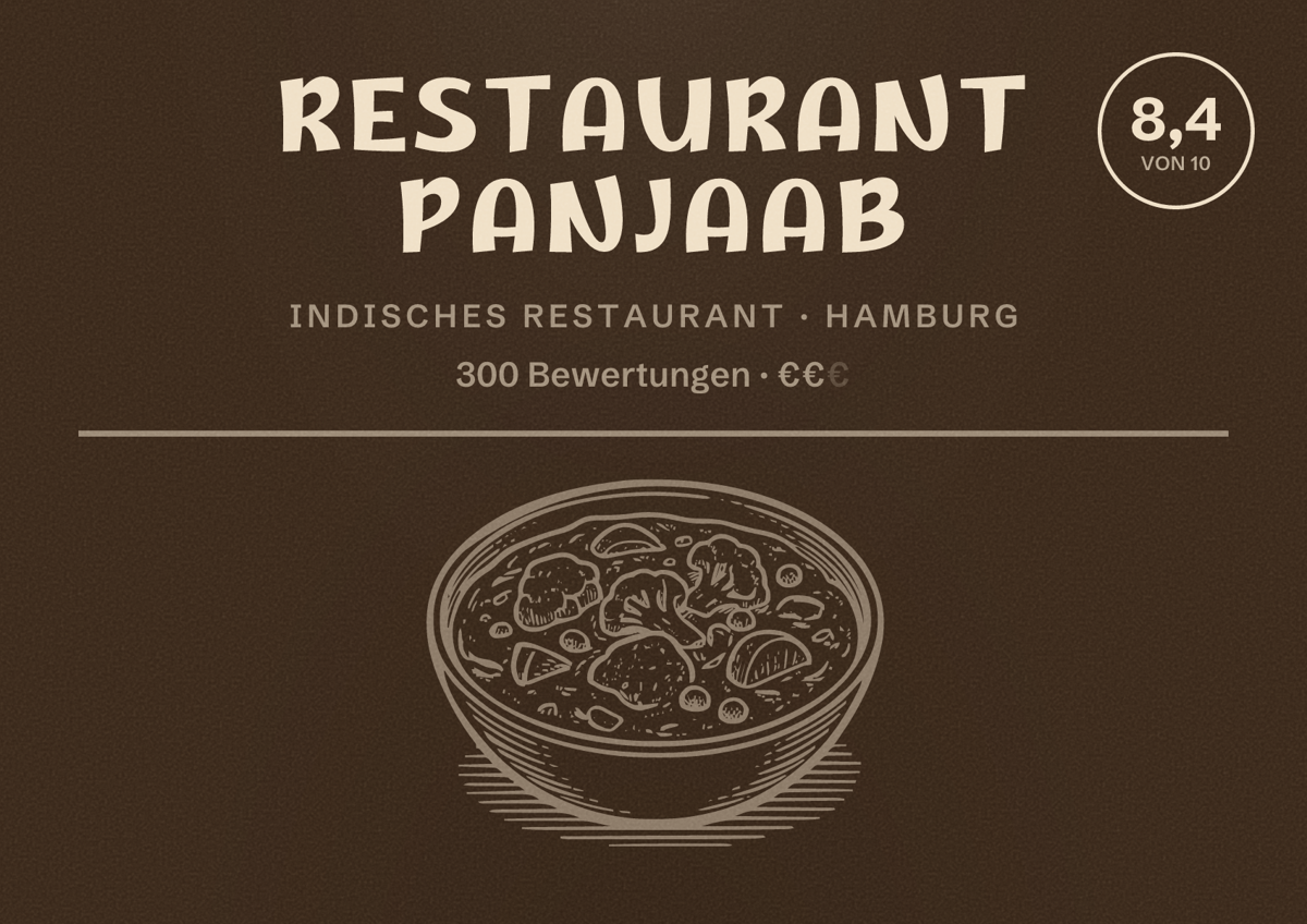 Illustriertes Poster von Restaurant Panjaab, Indisches Restaurant in Hamburg: Bewertung 8,4 von 10 aus 300 Bewertungen, Preisniveau €€