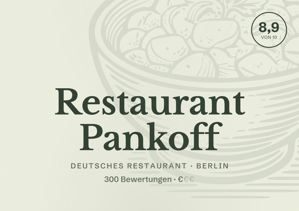 Illustriertes Poster von Restaurant Pankoff, Deutsches Restaurant in Berlin: Bewertung 8,9 von 10 aus 300 Bewertungen, Preisniveau €