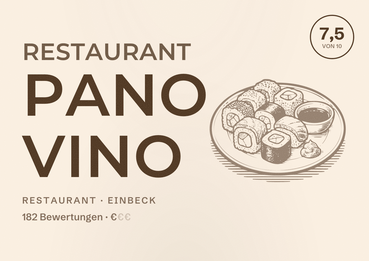 Illustriertes Poster von Restaurant Pano Vino, Restaurant in Einbeck: Bewertung 7,5 von 10 aus 182 Bewertungen, Preisniveau €