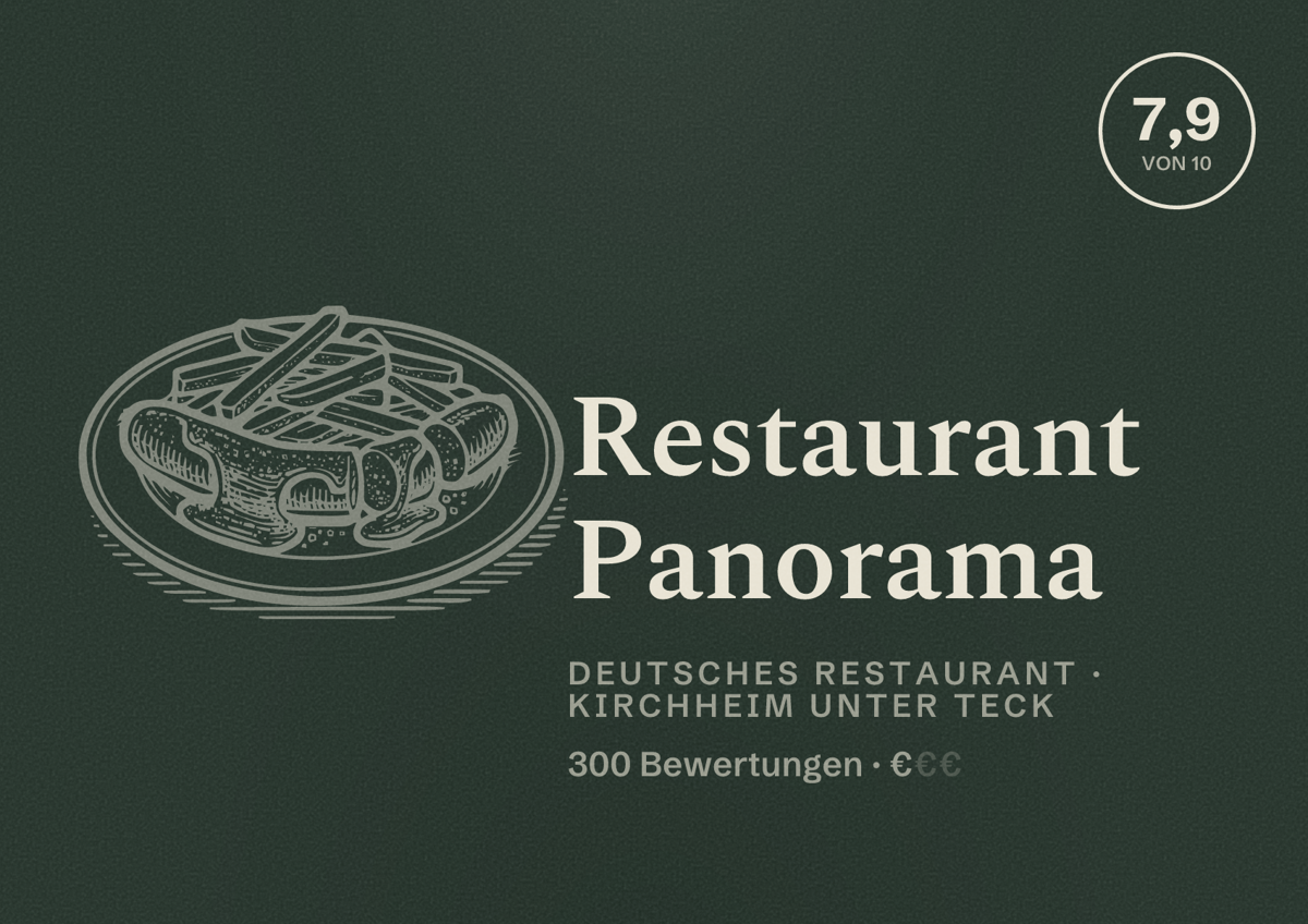 Illustriertes Poster von Restaurant Panorama, Deutsches Restaurant in Kirchheim unter Teck: Bewertung 7,9 von 10 aus 300 Bewertungen, Preisniveau €