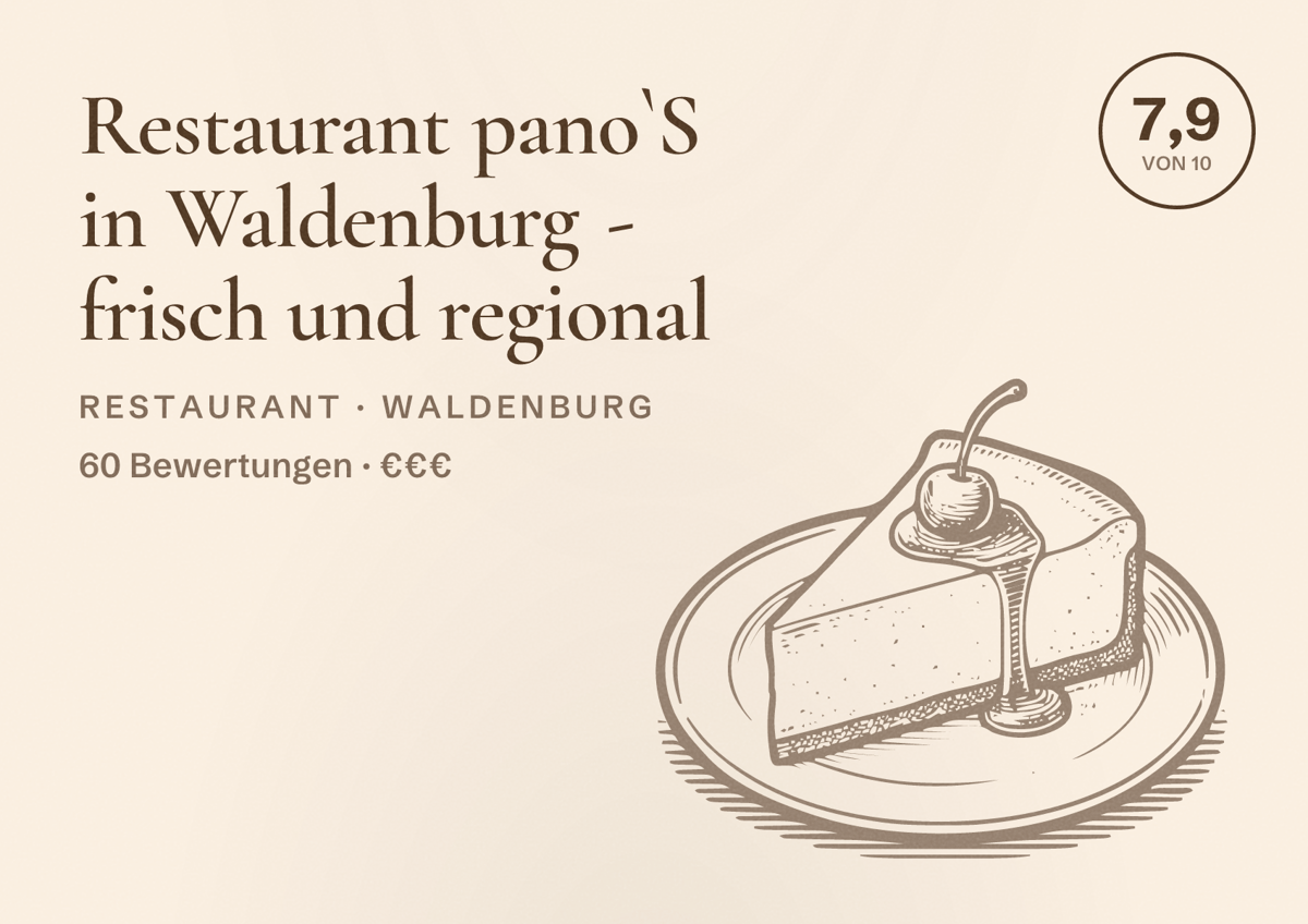 Illustriertes Poster von Restaurant pano`S in Waldenburg - frisch und regional, Restaurant in Waldenburg: Bewertung 7,9 von 10 aus 60 Bewertungen, Preisniveau €€€