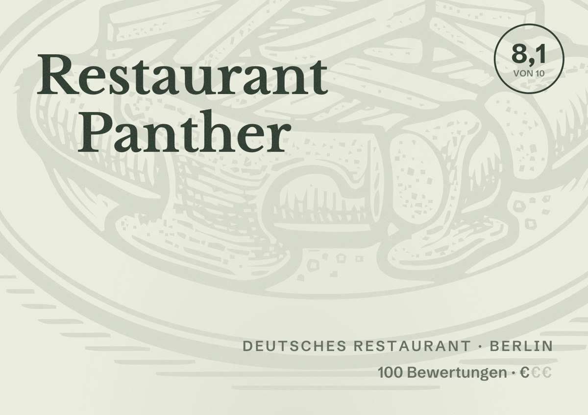 Illustriertes Poster von Restaurant Panther, Deutsches Restaurant in Berlin: Bewertung 8,1 von 10 aus 100 Bewertungen, Preisniveau €
