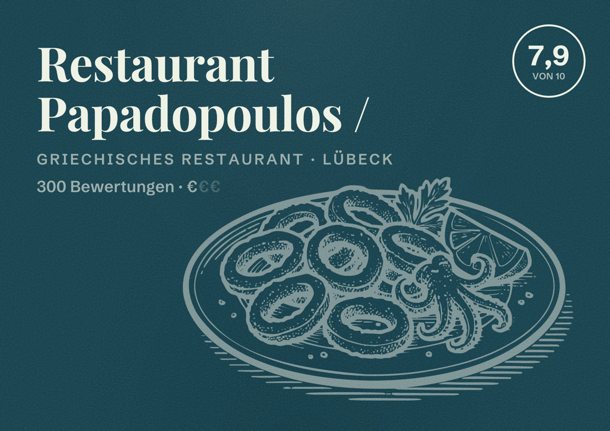 Illustriertes Poster von Restaurant Papadopoulos /, Griechisches Restaurant in Lübeck: Bewertung 7,9 von 10 aus 300 Bewertungen, Preisniveau €