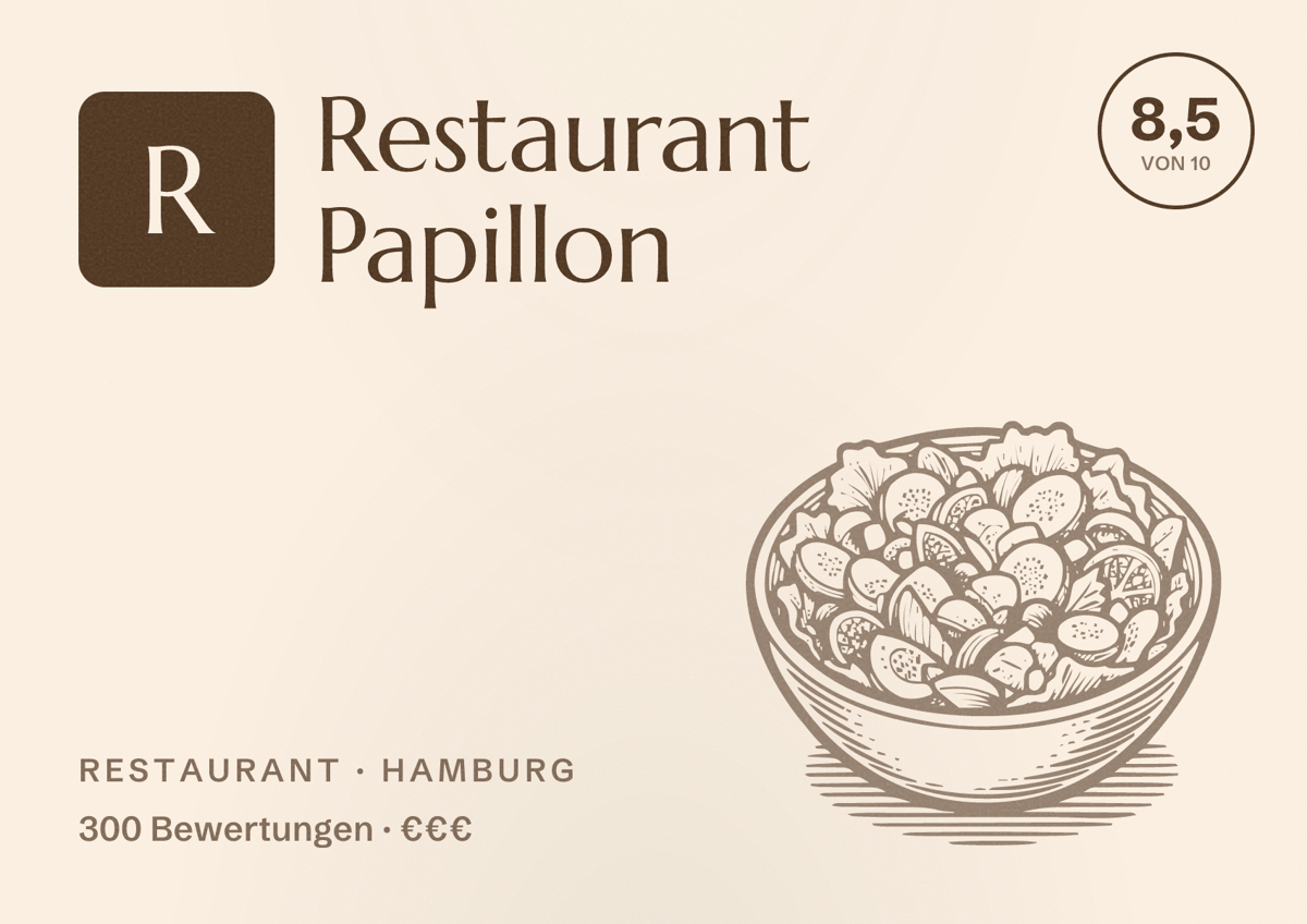 Illustriertes Poster von Restaurant Papillon, Restaurant in Hamburg: Bewertung 8,5 von 10 aus 300 Bewertungen, Preisniveau €€€