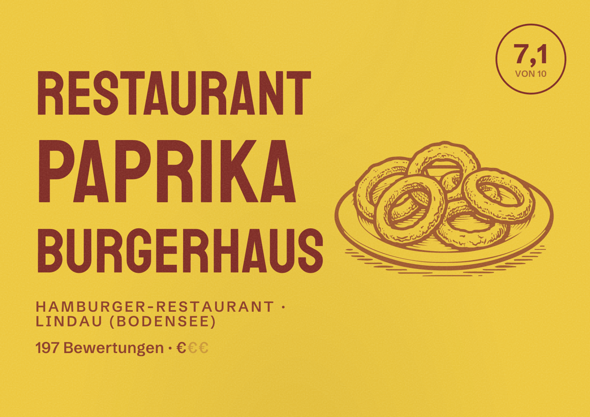 Illustriertes Poster von Restaurant Paprika Burgerhaus, Hamburger-Restaurant in Lindau (Bodensee): Bewertung 7,1 von 10 aus 197 Bewertungen, Preisniveau €