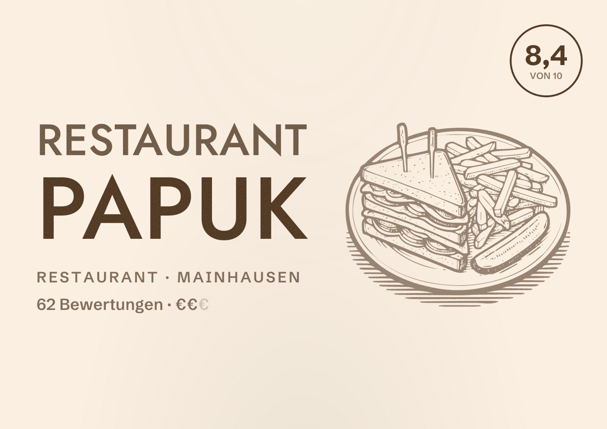 Illustriertes Poster von Restaurant Papuk, Restaurant in Mainhausen: Bewertung 8,4 von 10 aus 62 Bewertungen, Preisniveau €€