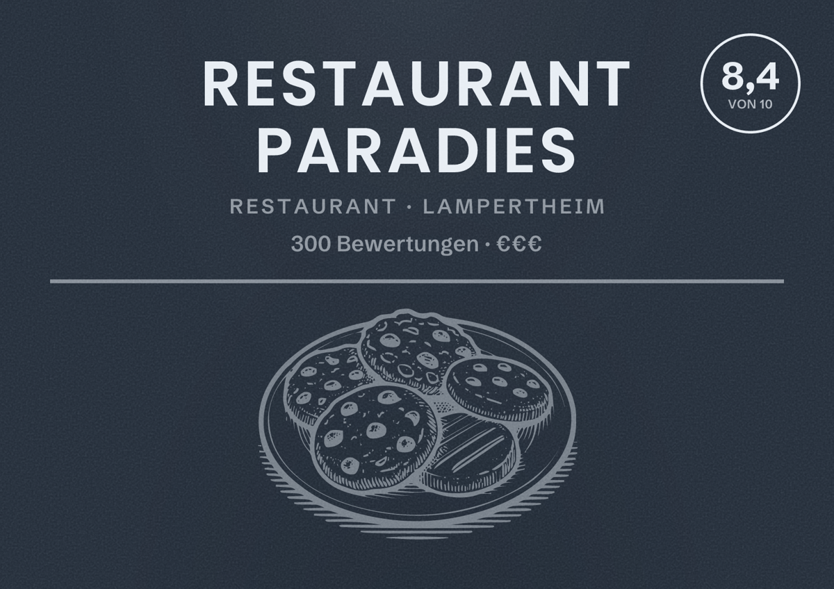 Illustriertes Poster von Restaurant Paradies, Restaurant in Lampertheim: Bewertung 8,4 von 10 aus 300 Bewertungen, Preisniveau €€€