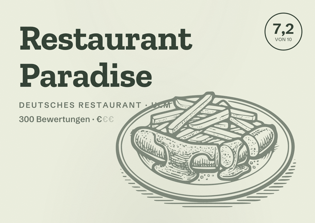 Illustriertes Poster von Restaurant Paradise, Deutsches Restaurant in Ulm: Bewertung 7,2 von 10 aus 300 Bewertungen, Preisniveau €