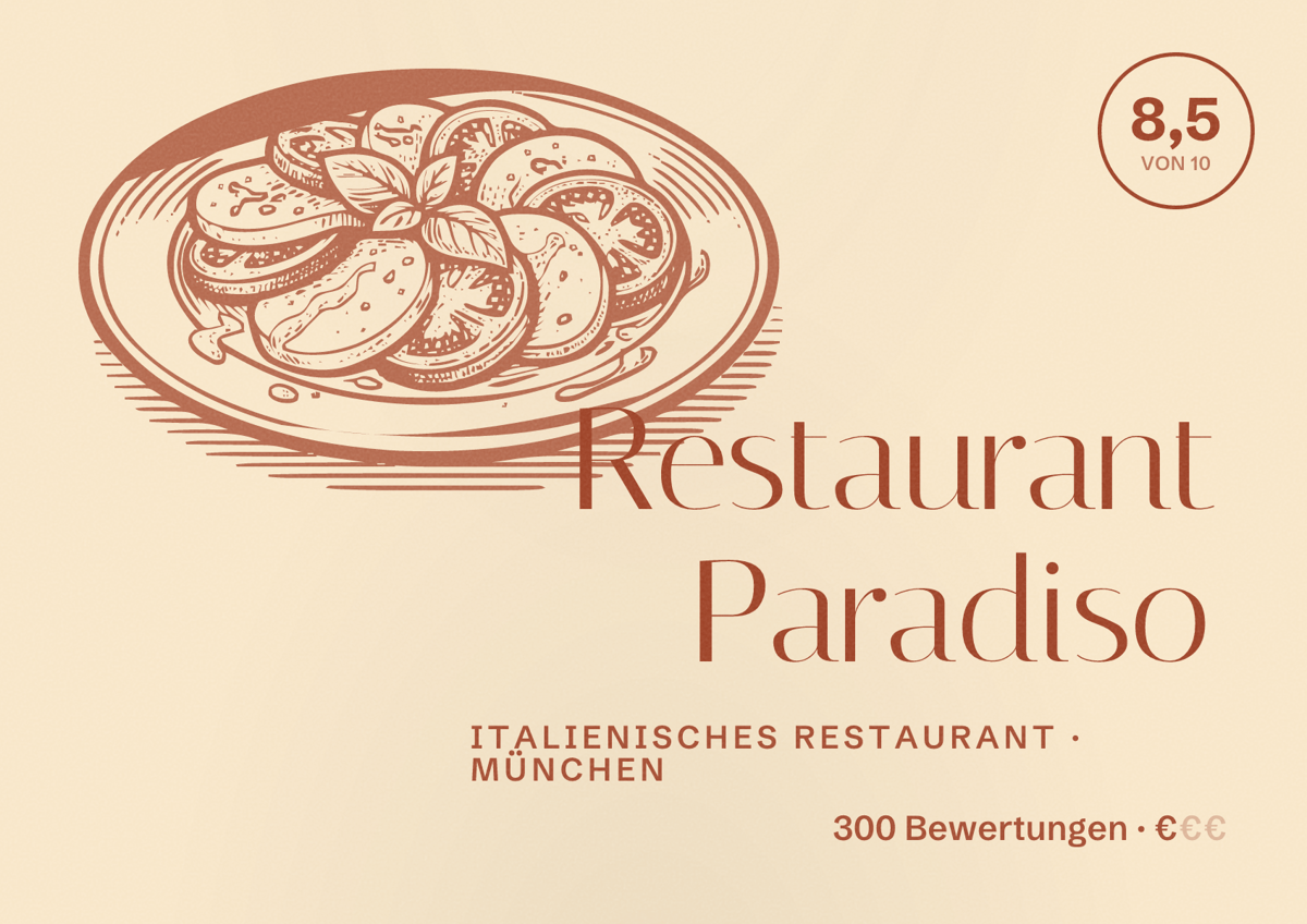 Illustriertes Poster von Restaurant Paradiso, Italienisches Restaurant in München: Bewertung 8,5 von 10 aus 300 Bewertungen, Preisniveau €