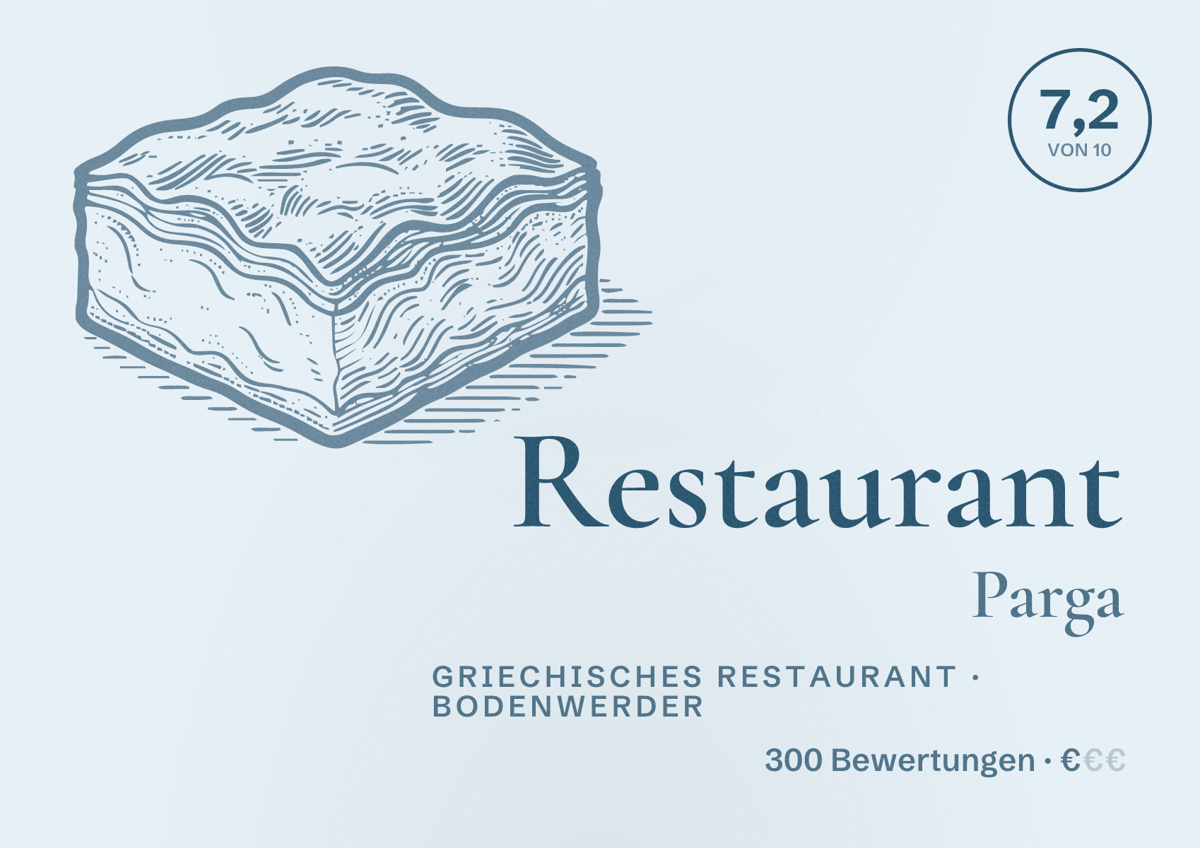 Illustriertes Poster von Restaurant Parga, Griechisches Restaurant in Bodenwerder: Bewertung 7,2 von 10 aus 300 Bewertungen, Preisniveau €