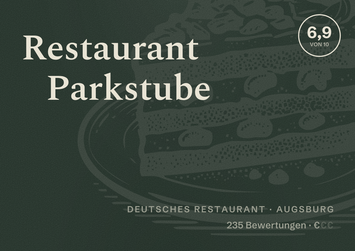 Illustriertes Poster von Restaurant Parkstube, Deutsches Restaurant in Augsburg: Bewertung 6,9 von 10 aus 235 Bewertungen, Preisniveau €