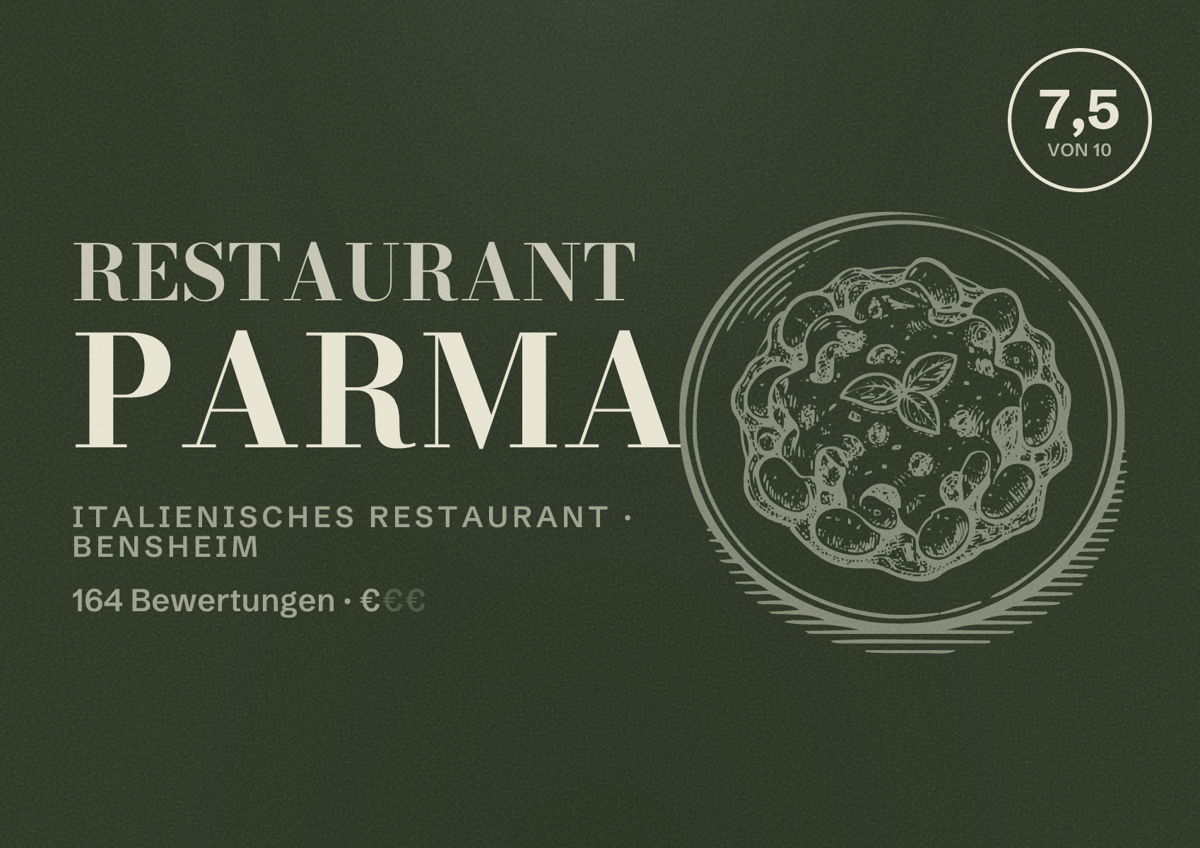 Illustriertes Poster von Restaurant Parma, Italienisches Restaurant in Bensheim: Bewertung 7,5 von 10 aus 164 Bewertungen, Preisniveau €