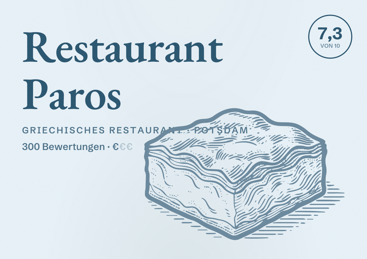 Illustriertes Poster von Restaurant Paros, Griechisches Restaurant in Potsdam: Bewertung 7,3 von 10 aus 300 Bewertungen, Preisniveau €