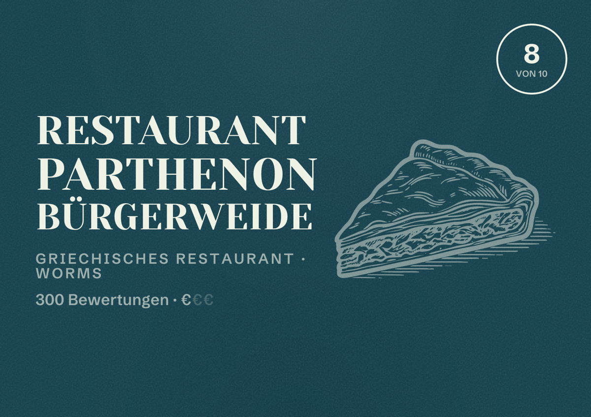 Illustriertes Poster von Restaurant Parthenon Bürgerweide, Griechisches Restaurant in Worms: Bewertung 8 von 10 aus 300 Bewertungen, Preisniveau €