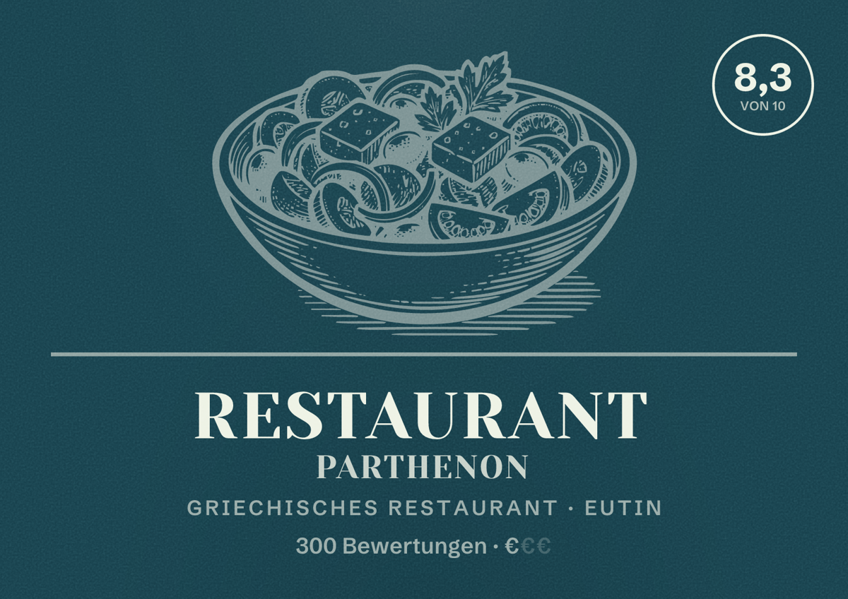 Illustriertes Poster von Restaurant Parthenon, Griechisches Restaurant in Eutin: Bewertung 8,3 von 10 aus 300 Bewertungen, Preisniveau €