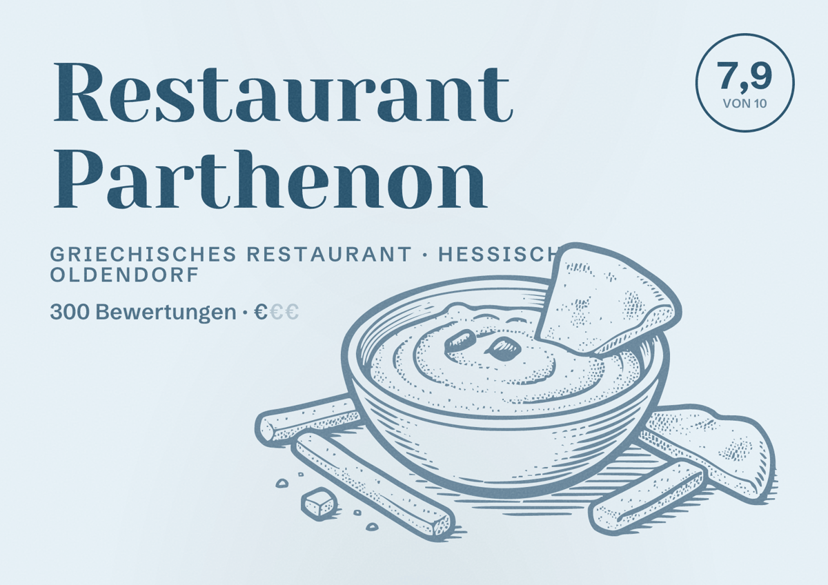Illustriertes Poster von Restaurant Parthenon, Griechisches Restaurant in Hessisch Oldendorf: Bewertung 7,9 von 10 aus 300 Bewertungen, Preisniveau €