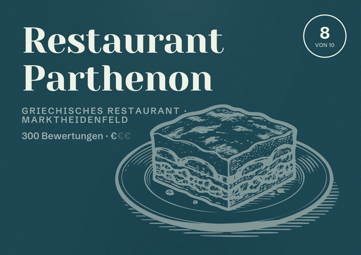 Illustriertes Poster von Restaurant Parthenon, Griechisches Restaurant in Marktheidenfeld: Bewertung 8 von 10 aus 300 Bewertungen, Preisniveau €