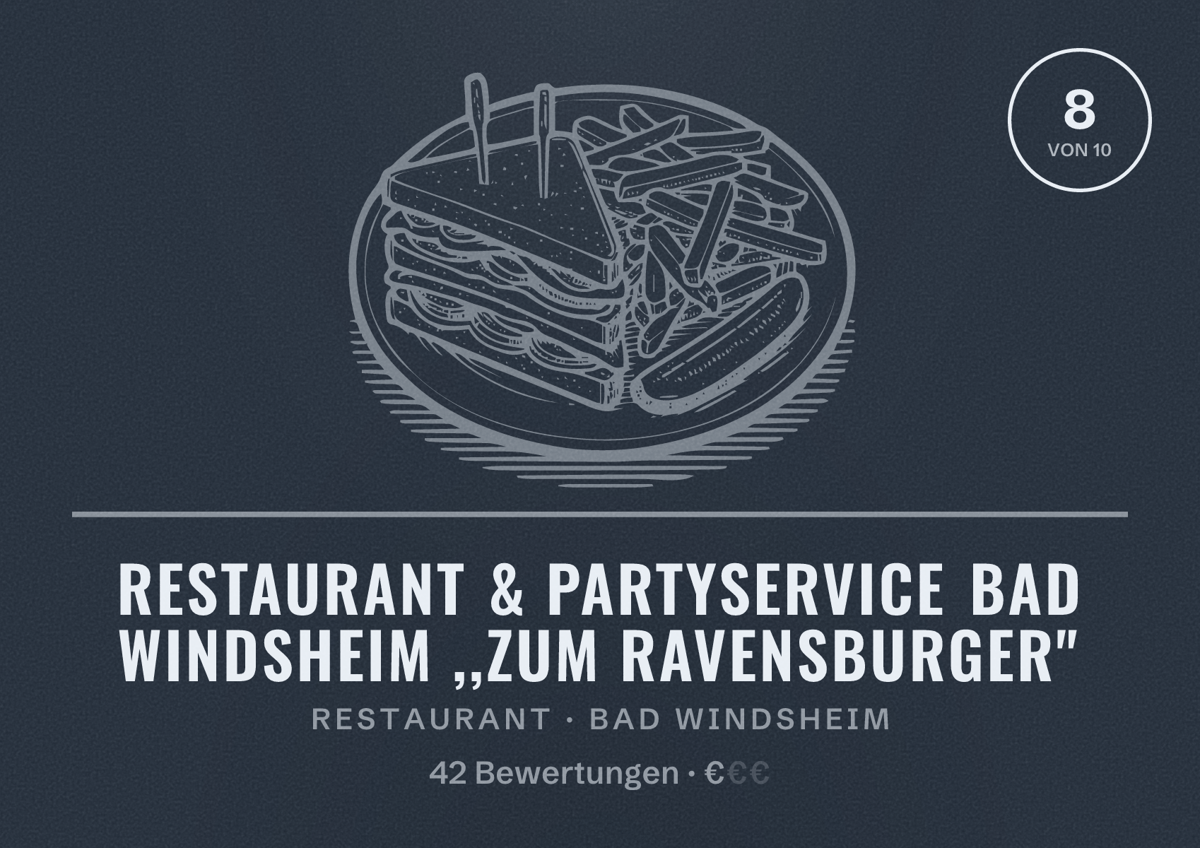 Illustriertes Poster von Restaurant & Partyservice Bad Windsheim ,,Zum Ravensburger", Restaurant in Bad Windsheim: Bewertung 8 von 10 aus 42 Bewertungen, Preisniveau €