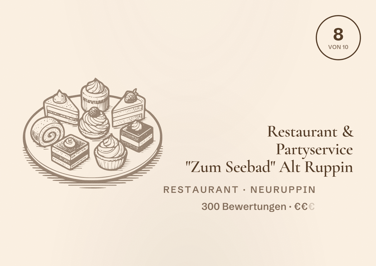 Illustriertes Poster von Restaurant & Partyservice "Zum Seebad" Alt Ruppin, Restaurant in Neuruppin: Bewertung 8 von 10 aus 300 Bewertungen, Preisniveau €€