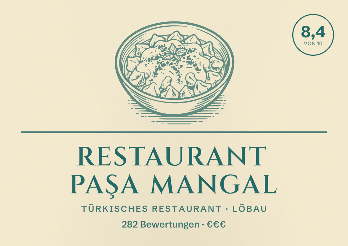 Illustriertes Poster von Restaurant PAŞA MANGAL, Türkisches Restaurant in Löbau: Bewertung 8,4 von 10 aus 282 Bewertungen, Preisniveau €€€
