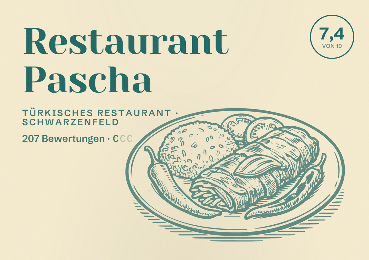 Illustriertes Poster von Restaurant Pascha, Türkisches Restaurant in Schwarzenfeld: Bewertung 7,4 von 10 aus 207 Bewertungen, Preisniveau €