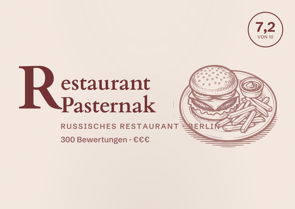Illustriertes Poster von Restaurant Pasternak, Russisches Restaurant in Berlin: Bewertung 7,2 von 10 aus 300 Bewertungen, Preisniveau €€€