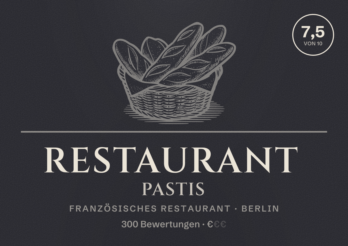 Illustriertes Poster von Restaurant Pastis, Französisches Restaurant in Berlin: Bewertung 7,5 von 10 aus 300 Bewertungen, Preisniveau €