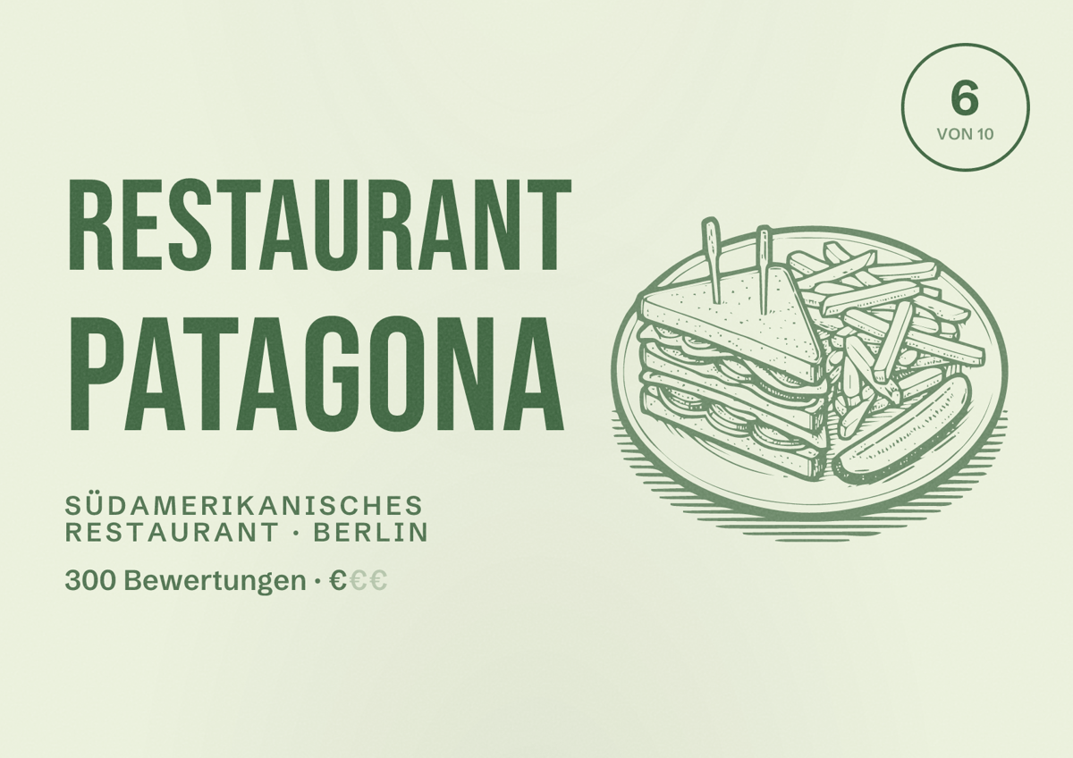 Illustriertes Poster von Restaurant Patagona, Südamerikanisches Restaurant in Berlin: Bewertung 6,0 von 10 aus 300 Bewertungen, Preisniveau €