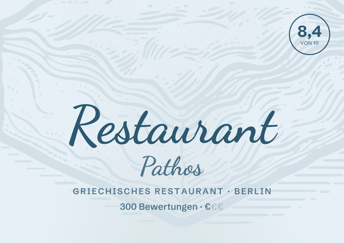 Illustriertes Poster von Restaurant Pathos, Griechisches Restaurant in Berlin: Bewertung 8,4 von 10 aus 300 Bewertungen, Preisniveau €