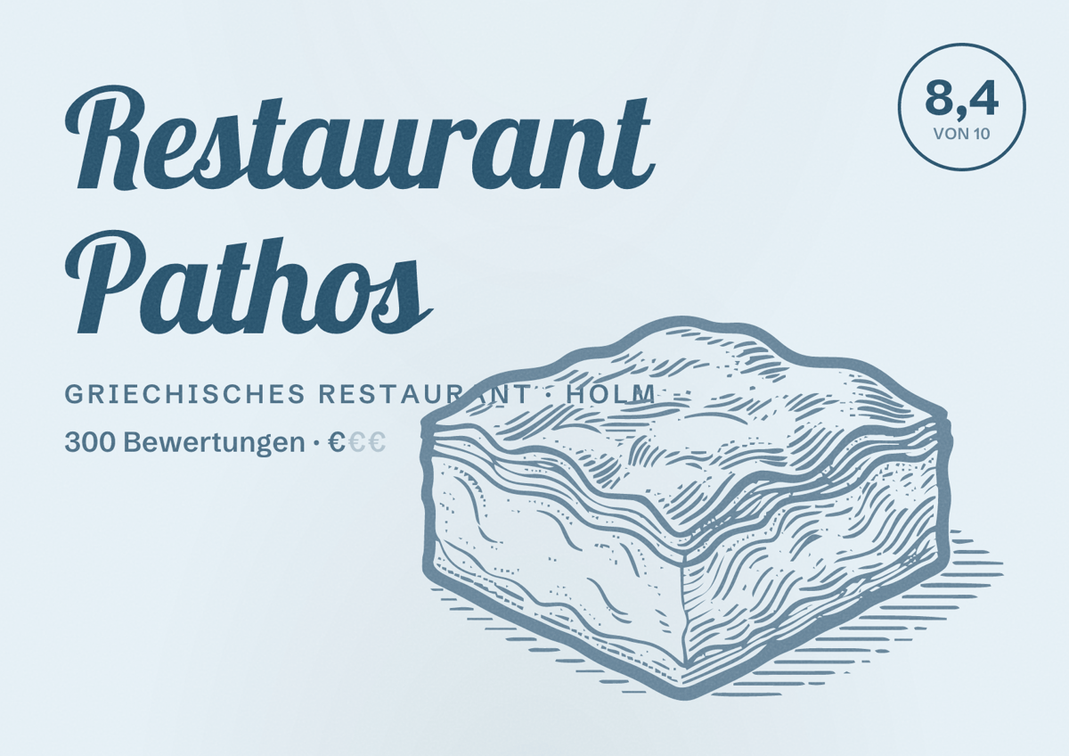 Illustriertes Poster von Restaurant Pathos, Griechisches Restaurant in Holm: Bewertung 8,4 von 10 aus 300 Bewertungen, Preisniveau €