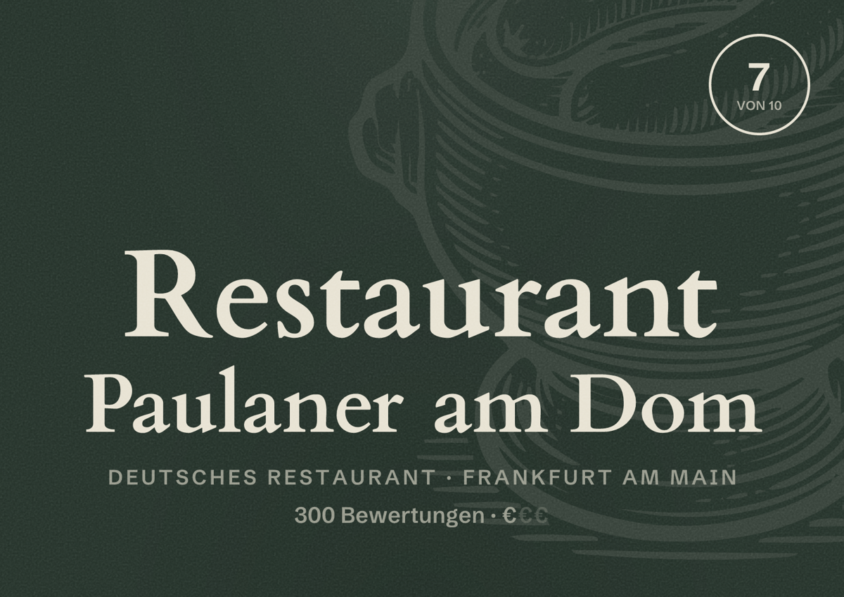 Illustriertes Poster von Restaurant Paulaner am Dom, Deutsches Restaurant in Frankfurt am Main: Bewertung 7,0 von 10 aus 300 Bewertungen, Preisniveau €