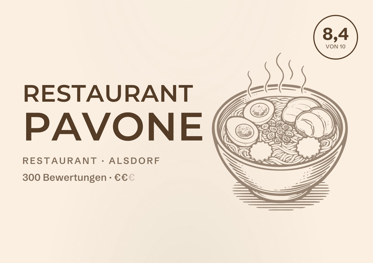 Illustriertes Poster von Restaurant Pavone, Restaurant in Alsdorf: Bewertung 8,4 von 10 aus 300 Bewertungen, Preisniveau €€