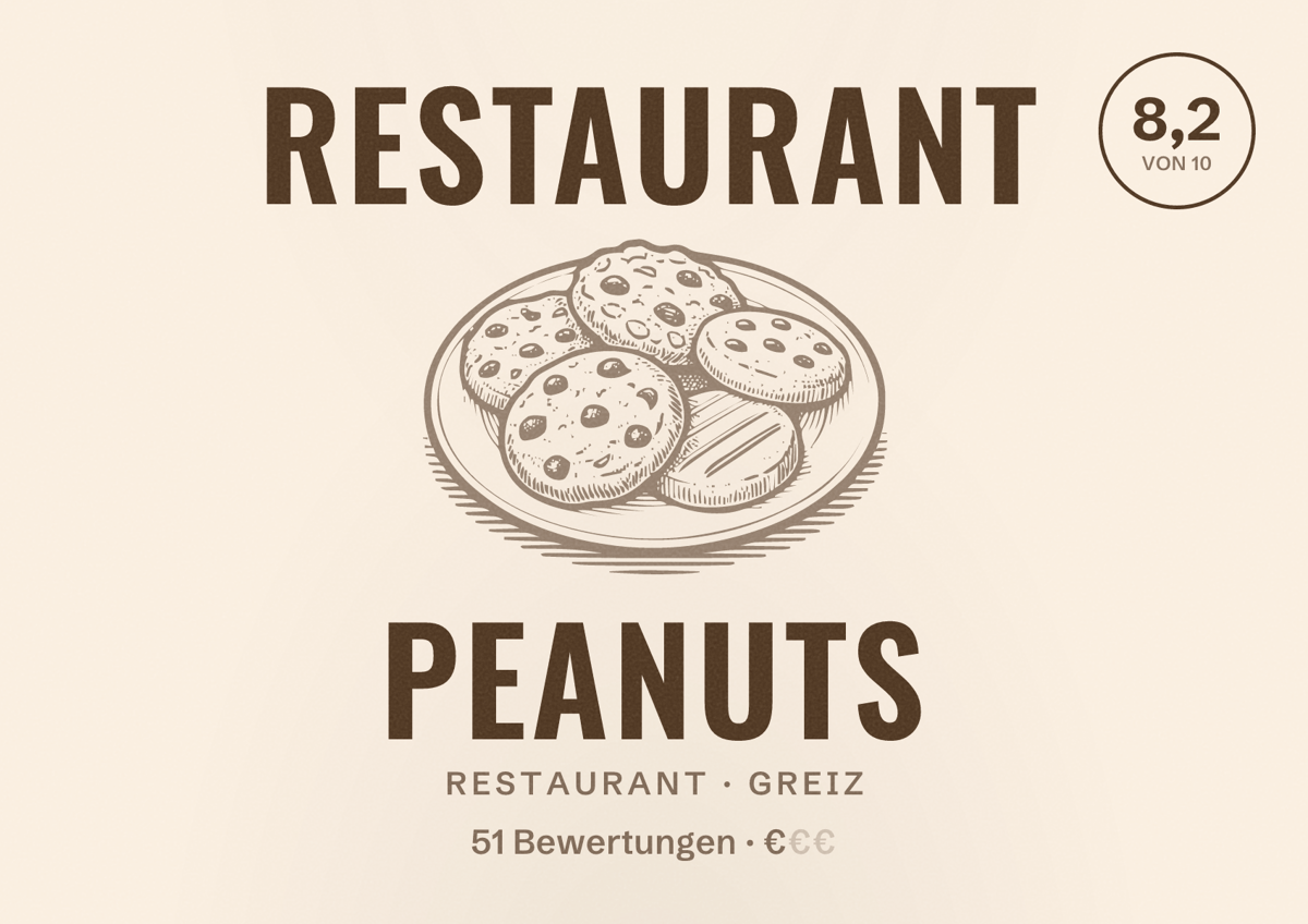 Illustriertes Poster von Restaurant Peanuts, Restaurant in Greiz: Bewertung 8,2 von 10 aus 51 Bewertungen, Preisniveau €