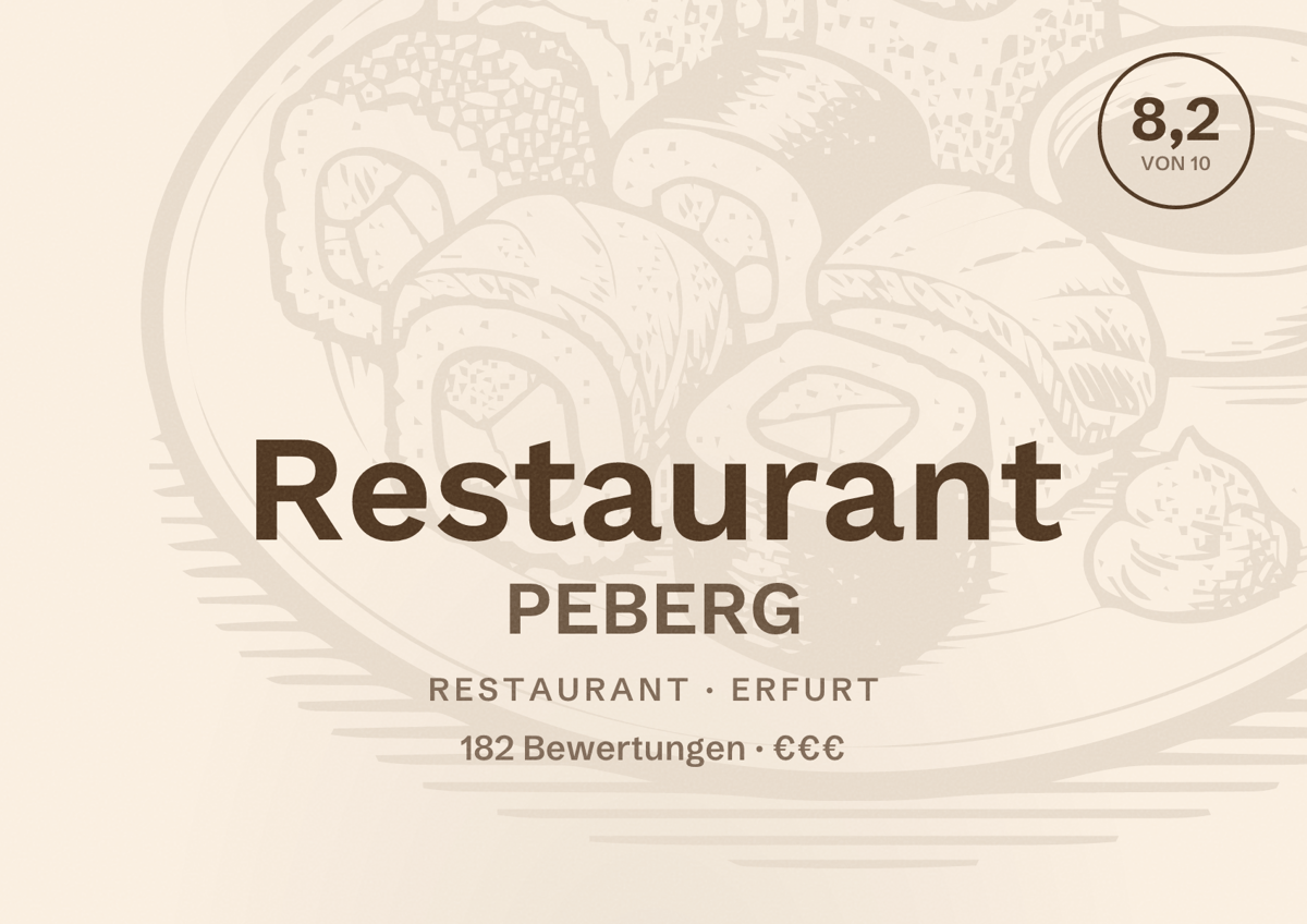 Illustriertes Poster von Restaurant PEBERG, Restaurant in Erfurt: Bewertung 8,2 von 10 aus 182 Bewertungen, Preisniveau €€€