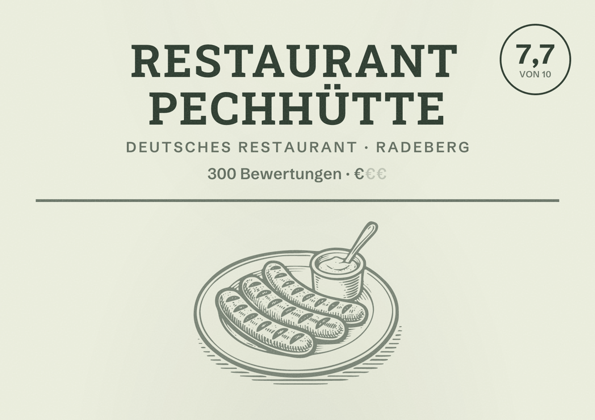 Illustriertes Poster von Restaurant Pechhütte, Deutsches Restaurant in Radeberg: Bewertung 7,7 von 10 aus 300 Bewertungen, Preisniveau €