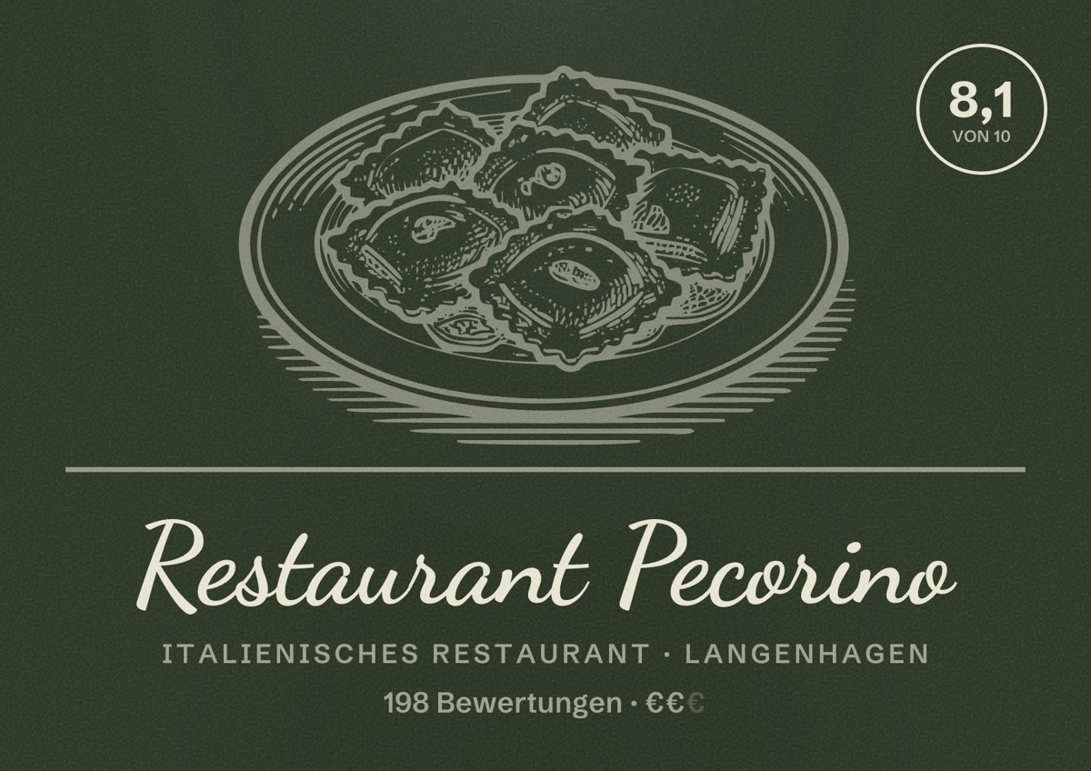 Illustriertes Poster von Restaurant Pecorino, Italienisches Restaurant in Langenhagen: Bewertung 8,1 von 10 aus 198 Bewertungen, Preisniveau €€