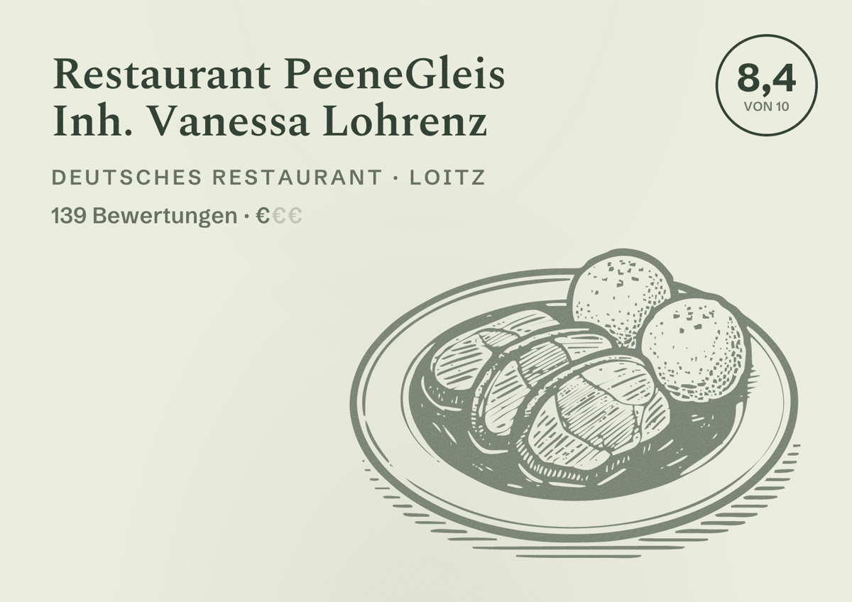 Illustriertes Poster von Restaurant PeeneGleis Inh. Vanessa Lohrenz, Deutsches Restaurant in Loitz: Bewertung 8,4 von 10 aus 139 Bewertungen, Preisniveau €