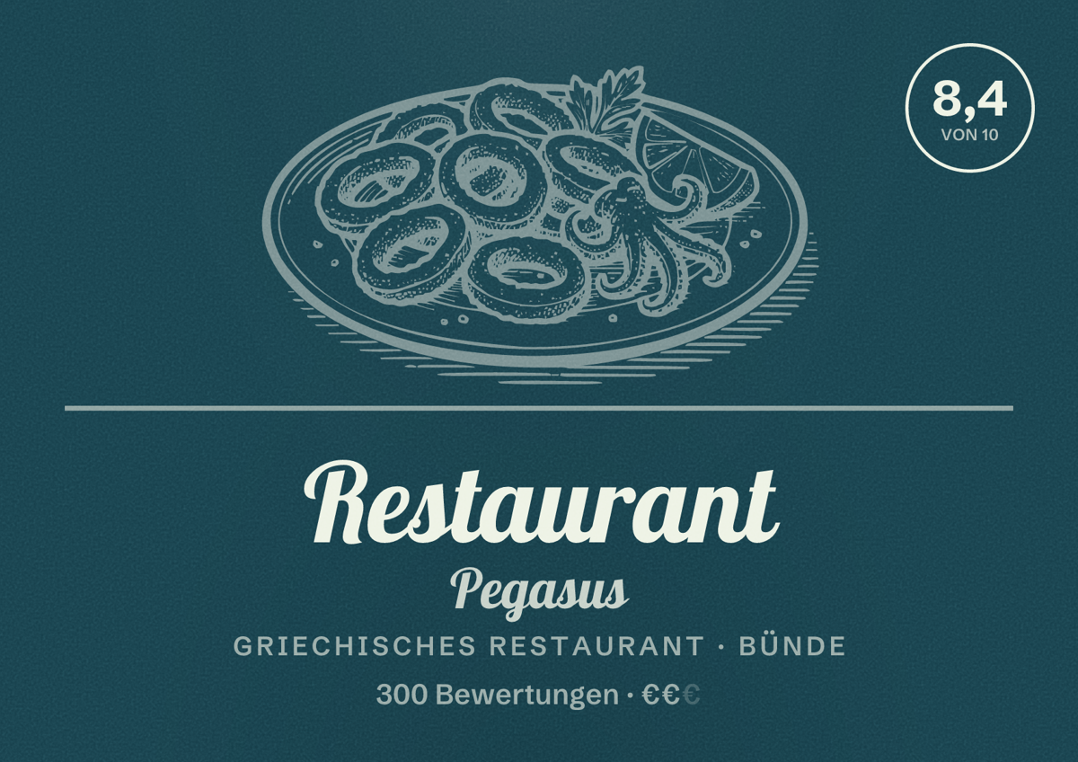 Illustriertes Poster von Restaurant Pegasus, Griechisches Restaurant in Bünde: Bewertung 8,4 von 10 aus 300 Bewertungen, Preisniveau €€