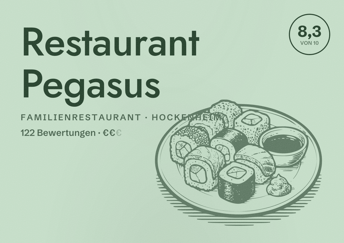 Illustriertes Poster von Restaurant Pegasus, Familienrestaurant in Hockenheim: Bewertung 8,3 von 10 aus 122 Bewertungen, Preisniveau €€