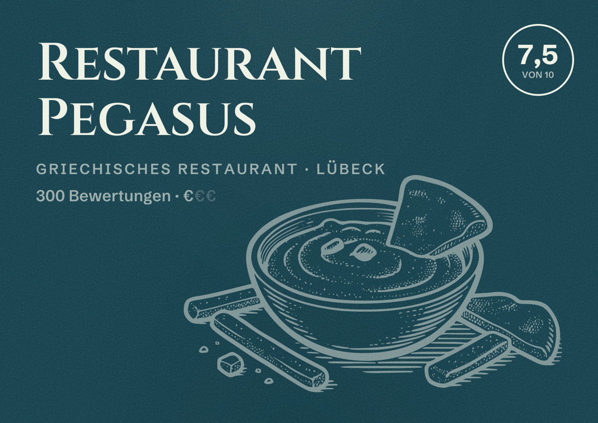 Illustriertes Poster von Restaurant Pegasus, Griechisches Restaurant in Lübeck: Bewertung 7,5 von 10 aus 300 Bewertungen, Preisniveau €