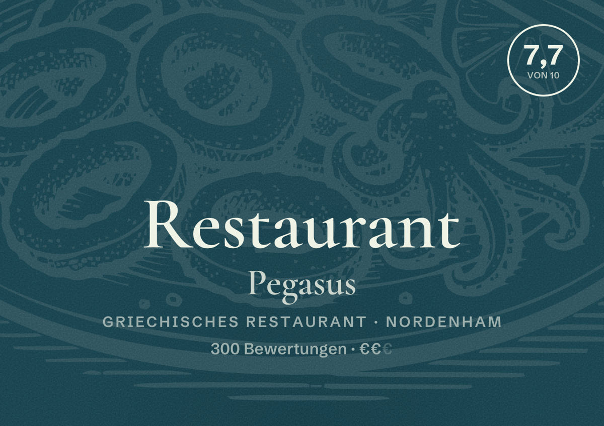 Illustriertes Poster von Restaurant Pegasus, Griechisches Restaurant in Nordenham: Bewertung 7,7 von 10 aus 300 Bewertungen, Preisniveau €€