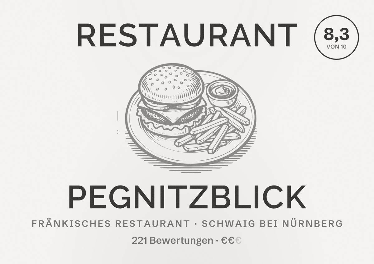 Illustriertes Poster von Restaurant Pegnitzblick, Fränkisches Restaurant in Schwaig bei Nürnberg: Bewertung 8,3 von 10 aus 221 Bewertungen, Preisniveau €€