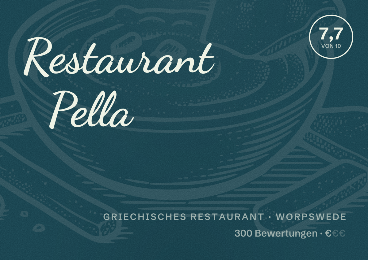 Illustriertes Poster von Restaurant Pella, Griechisches Restaurant in Worpswede: Bewertung 7,7 von 10 aus 300 Bewertungen, Preisniveau €