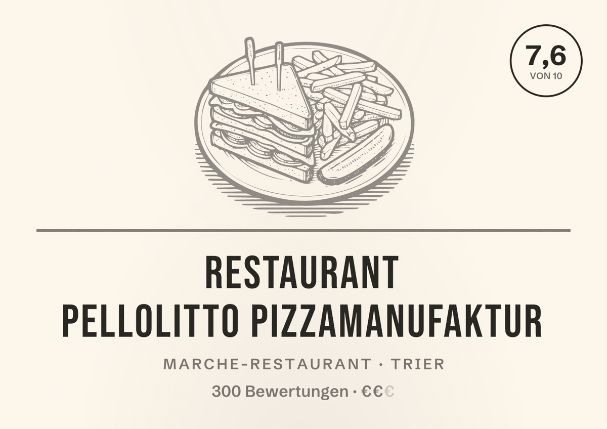 Illustriertes Poster von Restaurant Pellolitto Pizzamanufaktur, Marche-Restaurant in Trier: Bewertung 7,6 von 10 aus 300 Bewertungen, Preisniveau €€