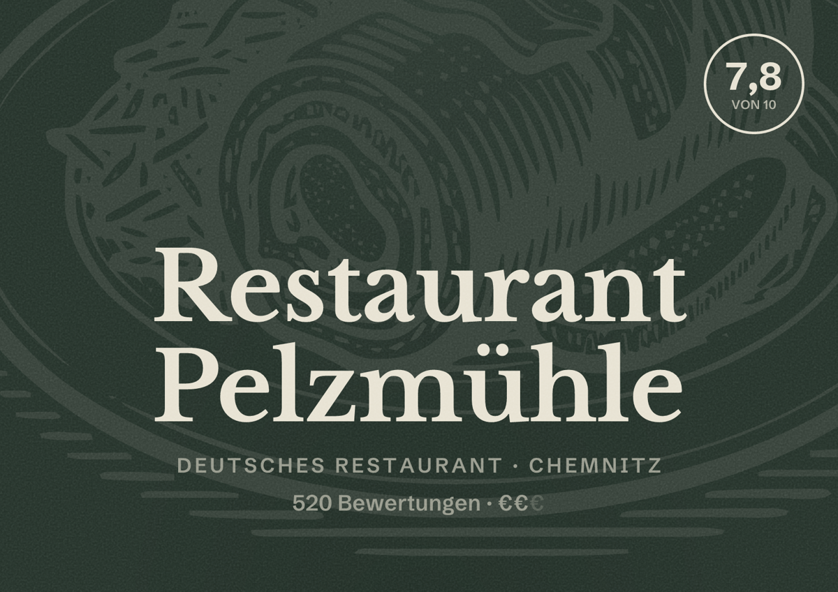 Illustriertes Poster von Restaurant Pelzmühle, Deutsches Restaurant in Chemnitz: Bewertung 7,8 von 10 aus 520 Bewertungen, Preisniveau €€
