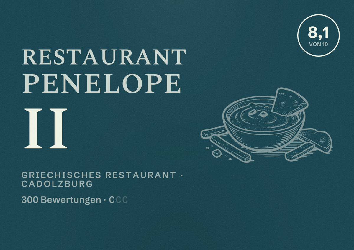 Illustriertes Poster von Restaurant Penelope II, Griechisches Restaurant in Cadolzburg: Bewertung 8,1 von 10 aus 300 Bewertungen, Preisniveau €